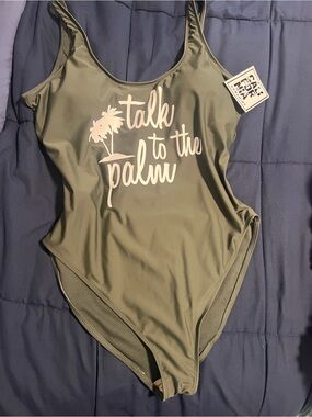 Olive Green One-Piece Swimsuit with 'Talk to the Palm' Print